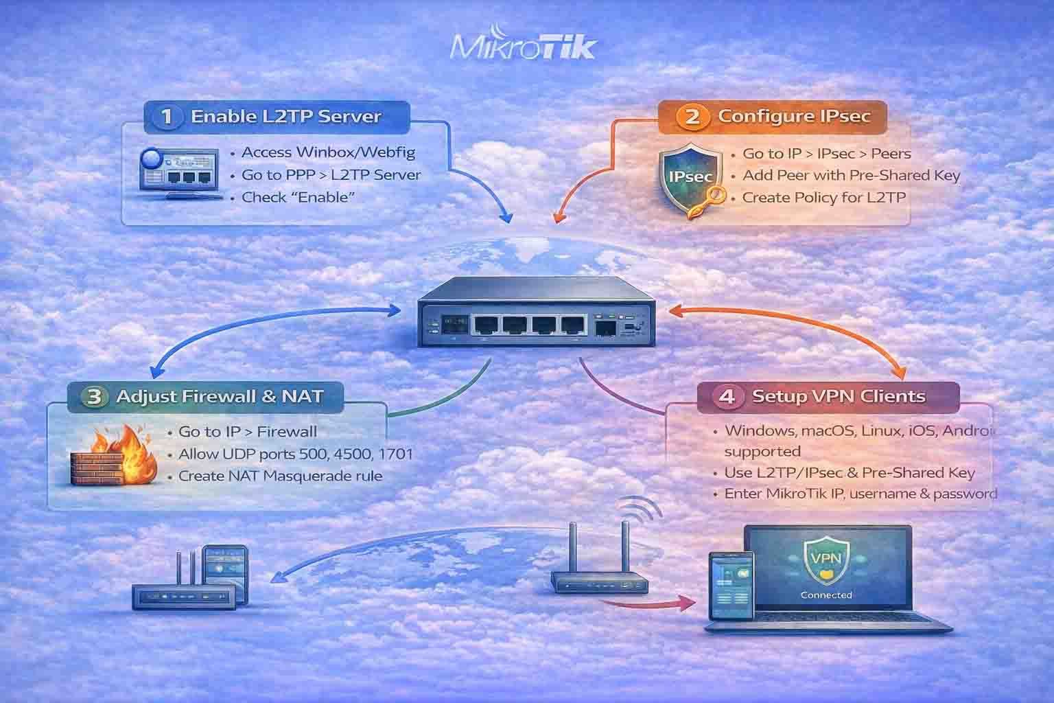اینفوگرافیک رنگی و مفصل که مراحل راه‌اندازی L2TP و IPsec در MikroTik RouterOS را نشان می‌دهد، شامل تنظیمات سرور L2TP، پیکربندی IPsec و ایجاد کاربران.