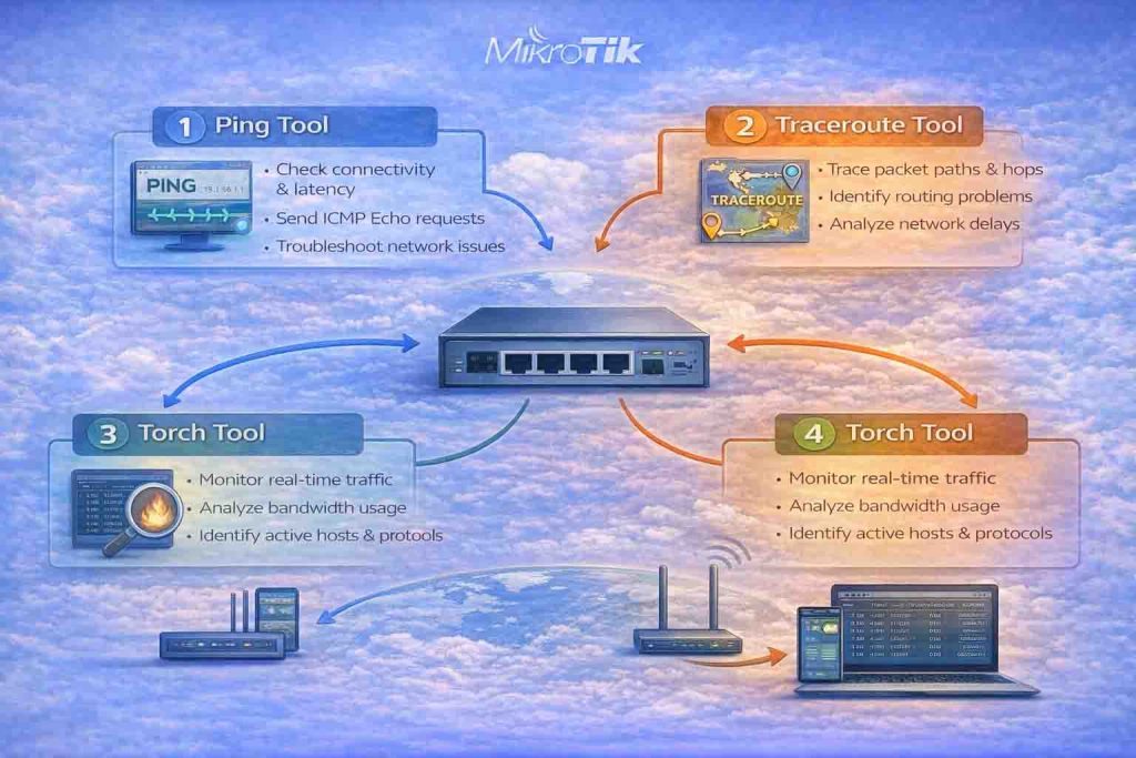 اینفوگرافیک رنگی که استفاده از ابزارهای Ping، Traceroute و Torch در MikroTik RouterOS را نشان می‌دهد، شامل تست اتصال، تجزیه و تحلیل مسیر و بررسی ترافیک شبکه.