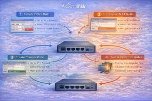 اینفوگرافیک دقیق که مراحل ساخت قوانین فایروال در MikroTik RouterOS را نشان میدهد، شامل ایجاد قوانین فیلتر، NAT، و Mangle برای کنترل ترافیک شبکه.