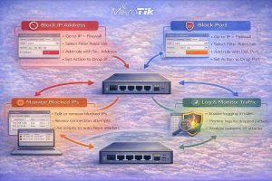اینفوگرافیک دقیق که مراحل بلاک کردن IPها و پورتها در MikroTik RouterOS را نشان میدهد، شامل تنظیم قوانین فایروال برای مسدود کردن ترافیک ورودی و خروجی.