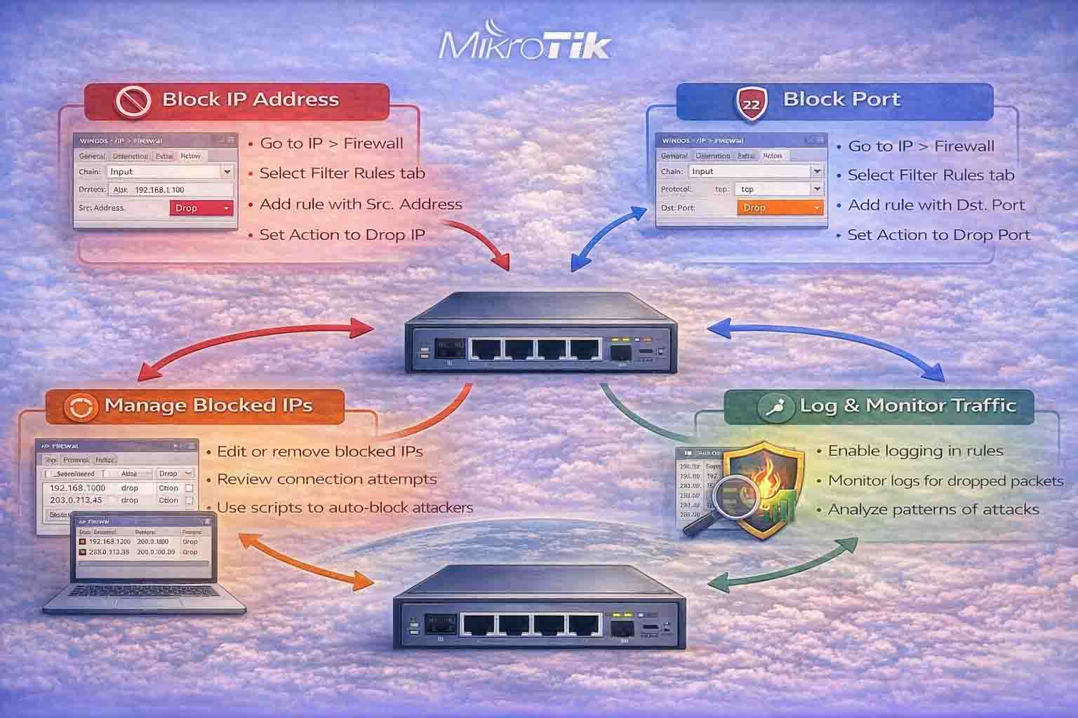 اینفوگرافیک دقیق که مراحل بلاک کردن IPها و پورت‌ها در MikroTik RouterOS را نشان می‌دهد، شامل تنظیم قوانین فایروال برای مسدود کردن ترافیک ورودی و خروجی.