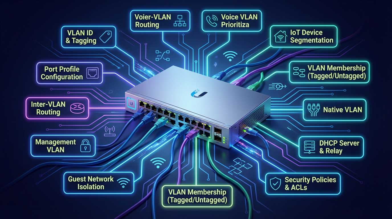 پیکربندی VLAN بر روی سوئیچ‌های یوبیکیوتی و نقش آن در طراحی توپولوژی، جداسازی ترافیک و مدیریت شبکه‌های حرفه‌ای
