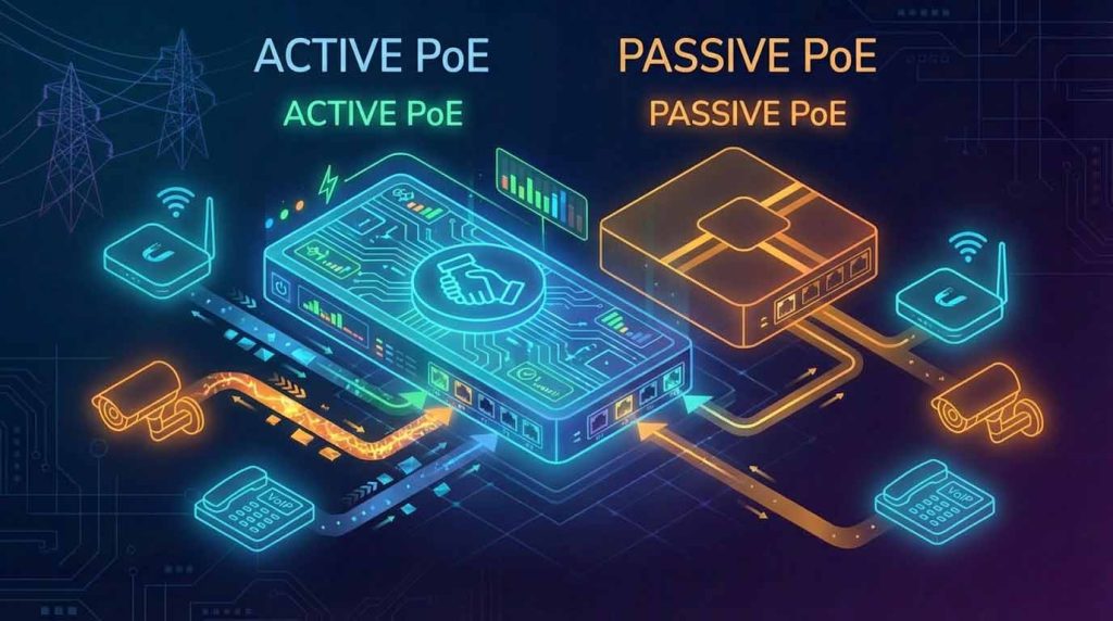 تفاوت سوئیچ PoE اکتیو و PoE پسیو یوبیکیوتی از نظر ایمنی، کنترل توان و معماری شبکه