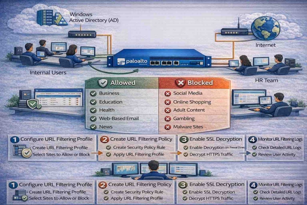 راهاندازی و تنظیم URL Filtering در فایروال پالو آلتو برای کنترل دسترسی کاربران با رویکرد مبتنی بر ریسک و سیاستهای وب سازمانی