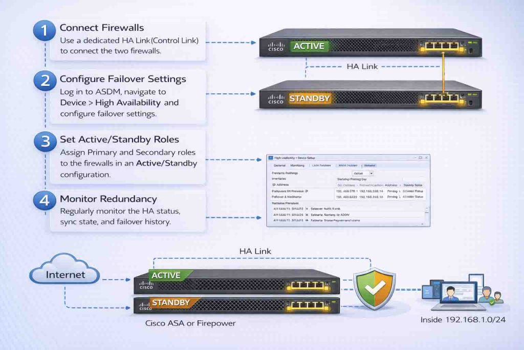 آموزش پیادهسازی High Availability در فایروالهای Cisco ASA و Firepower شامل تنظیم Active/Standby، لینک Failover و همگامسازی Sessionها برای افزایش پایداری شبکه