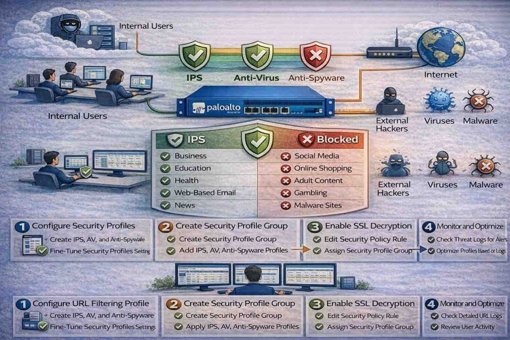 آموزش کانفیگ IPS، Anti-Virus و Anti-Spyware در فایروالهای پالو آلتو با تمرکز بر Threat Prevention و تنظیمات امنیتی سازمانی مبتنی بر ریسک