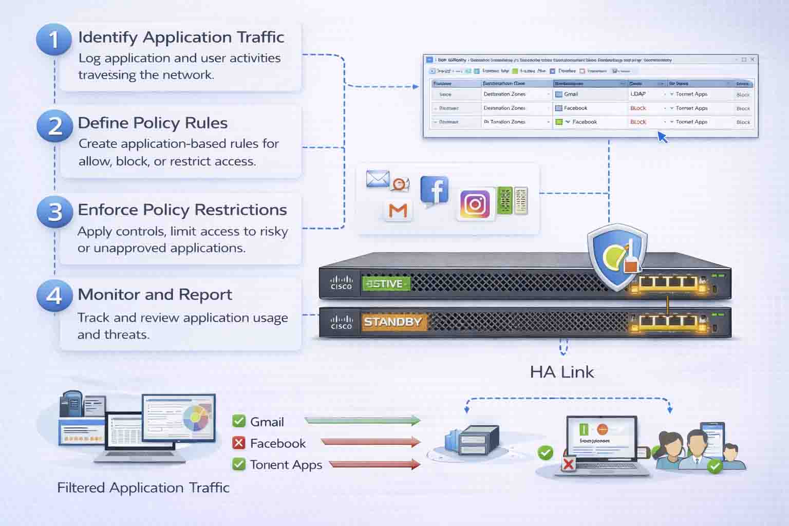 آموزش طراحی Policyهای امنیتی مبتنی بر Application در Cisco Firepower شامل شناسایی اپلیکیشن‌ها، تنظیم Access Control و کنترل دقیق ترافیک لایه ۷