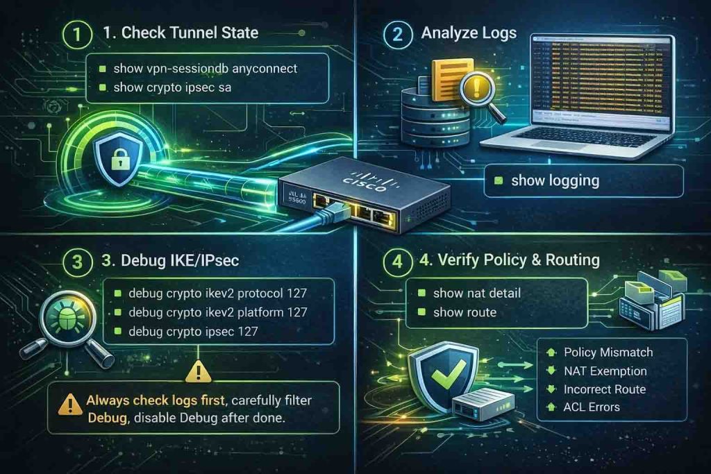 آموزش عیبیابی VPN در فایروالهای سیسکو با استفاده از دستورات Debug، بررسی Logها و تحلیل مرحلهبهمرحله IKE و IPsec