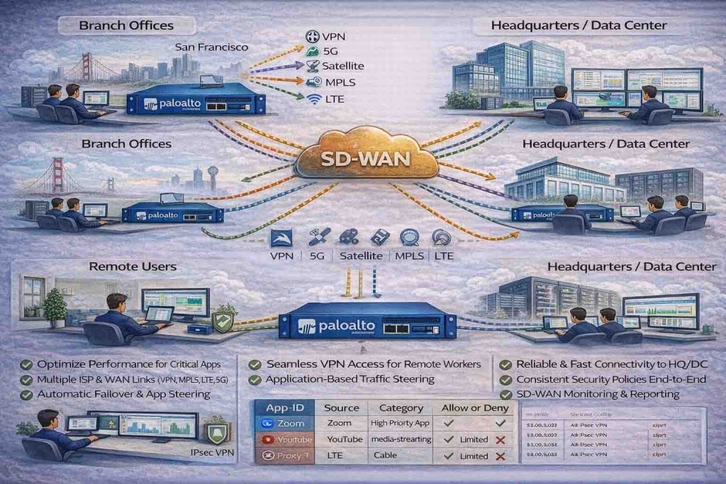 پیادهسازی SD-WAN بر پایه فایروال پالو آلتو در شعب و دفاتر راه دور با تمرکز بر انتخاب هوشمند مسیر، بهینهسازی لینکها و حفظ امنیت یکپارچه