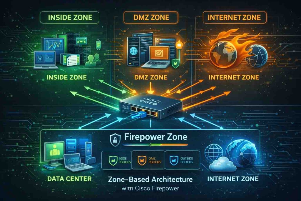 آموزش طراحی Zone-Based Architecture با Cisco Firepower شامل تعریف Security Zoneها، پیادهسازی Access Control بین Zoneها و اعمال سیاستهای امنیتی چندلایه در شبکه سازمانی