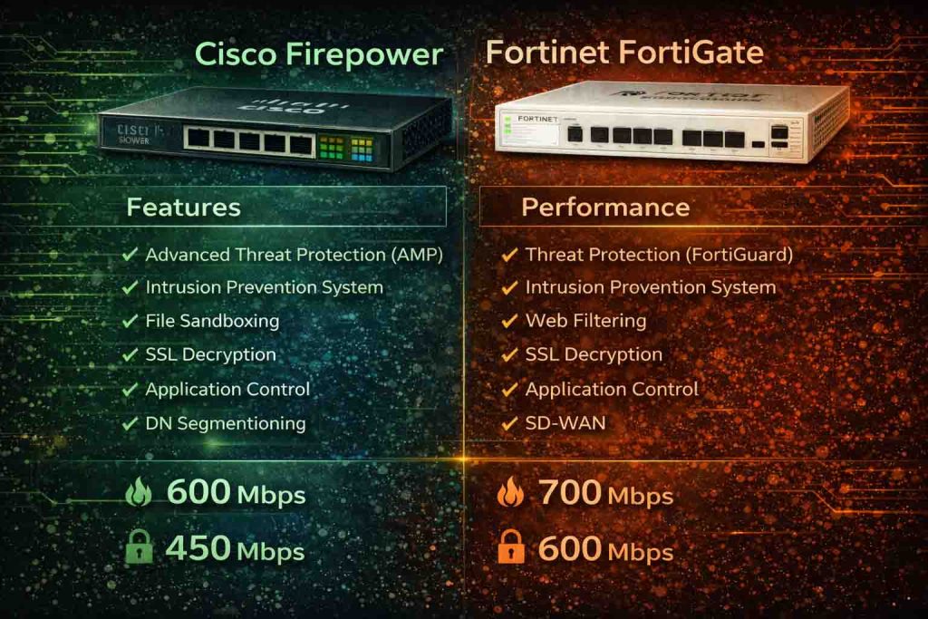 مقایسه Cisco Firepower و Fortinet FortiGate از نظر قابلیتهای امنیتی، معماری طراحی و عملکرد پردازشی در شبکههای سازمانی