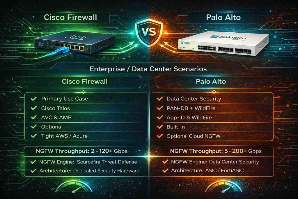مقایسه فایروال Cisco Firepower و Palo Alto در سناریوهای Enterprise و دیتاسنتری از نظر معماری، قابلیتهای امنیتی و عملکرد پردازشی