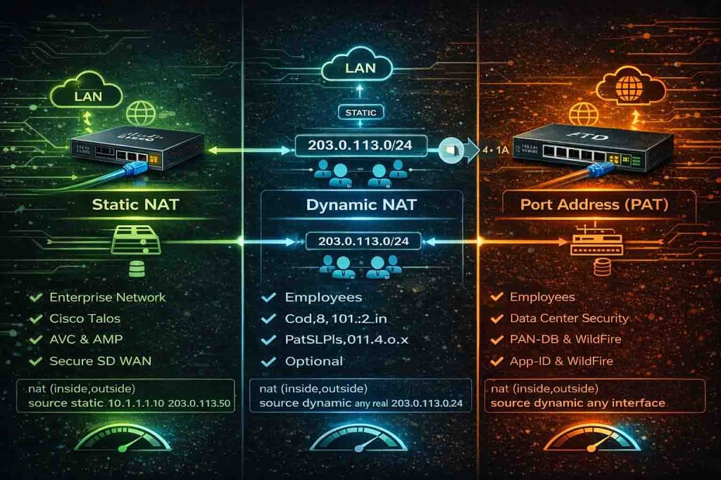 آموزش کانفیگ NAT در Cisco ASA و FTD شامل پیادهسازی Static NAT، Dynamic NAT و PAT بههمراه سناریوهای عملی و عیبیابی