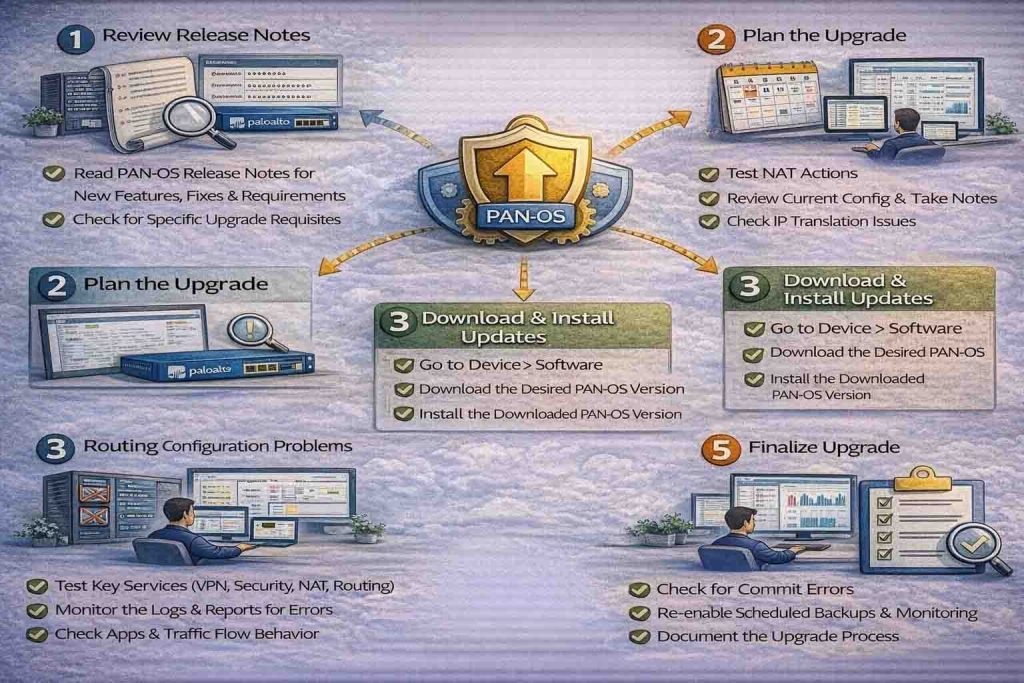 راهنمای کامل Upgrade و Update نسخه PAN-OS در فایروالهای پالو آلتو با تمرکز بر انتخاب مسیر صحیح ارتقا، کاهش ریسک عملیاتی و حفظ پایداری شبکه