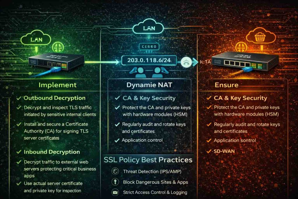 بهترین تنظیمات SSL Inspection در Cisco Secure Firewall شامل طراحی Decryption Policy لایهبندیشده، Bypass هدفمند و بهینهسازی عملکرد برای محیطهای حساس
