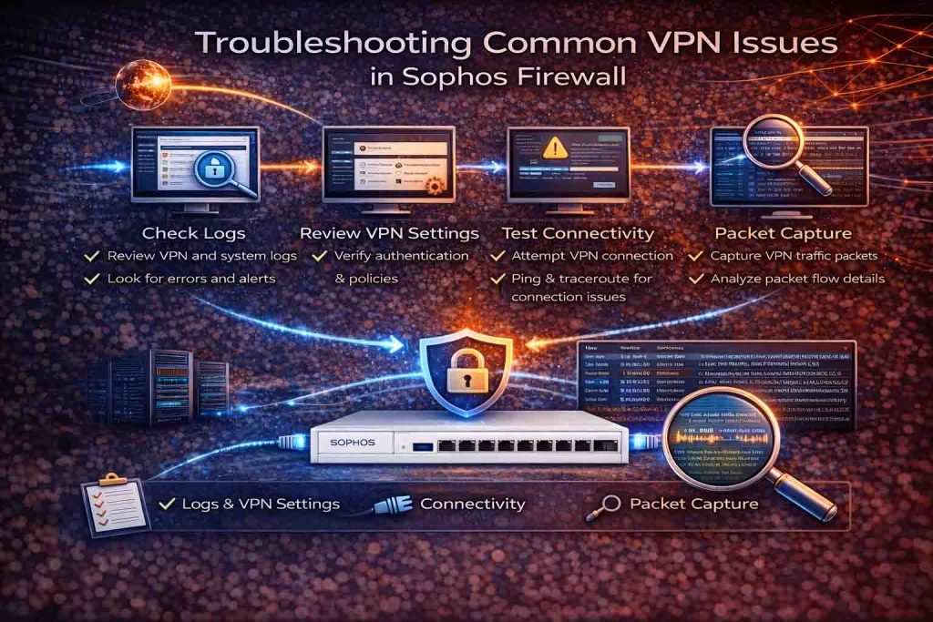عیب‌یابی مشکلات رایج VPN در فایروال Sophos از لاگ تا Packet Capture