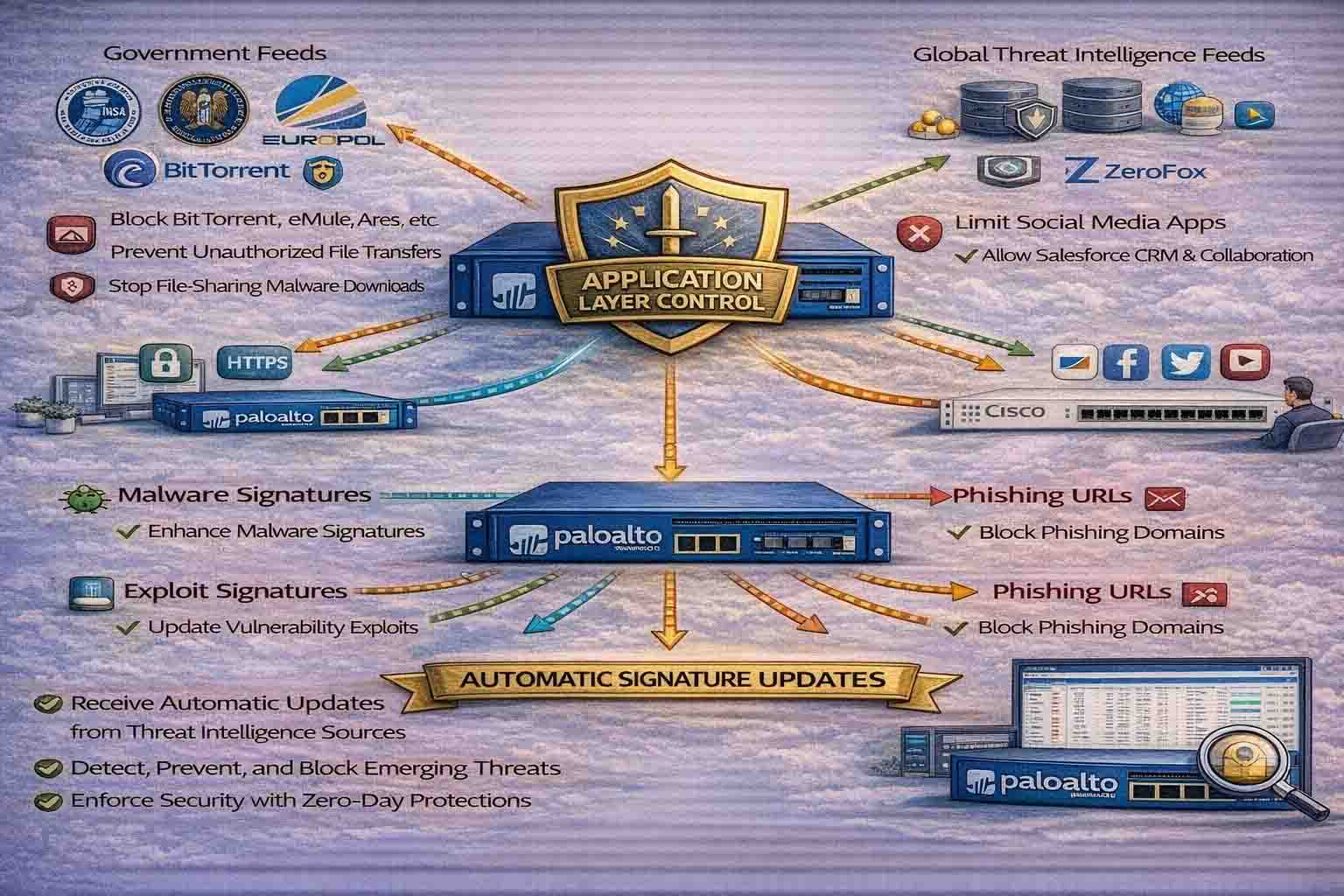 استفاده از Threat Intelligence در فایروال پالو آلتو و به‌روزرسانی خودکار Signatureها برای شناسایی سریع تهدیدات، مقابله با حملات Zero-Day و افزایش امنیت شبکه