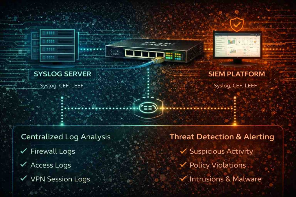 اتصال فایروال سیسکو به SIEM و Syslog Server برای تجمیع و تحلیل متمرکز لاگهای امنیتی