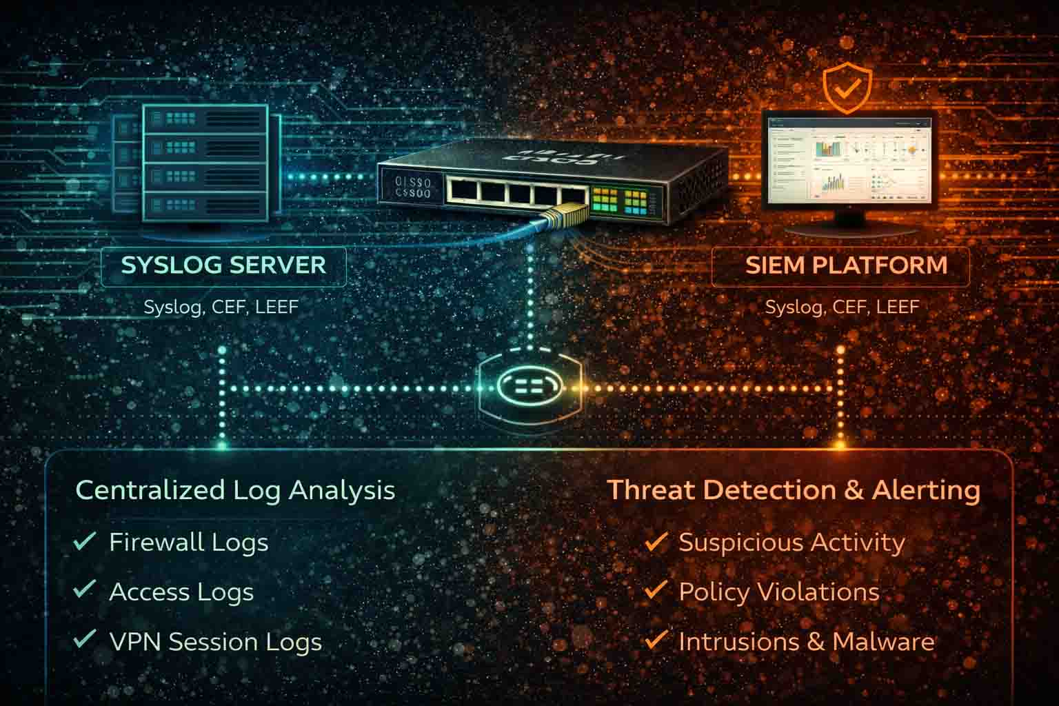 اتصال فایروال سیسکو به SIEM و Syslog Server برای تجمیع و تحلیل متمرکز لاگ‌های امنیتی