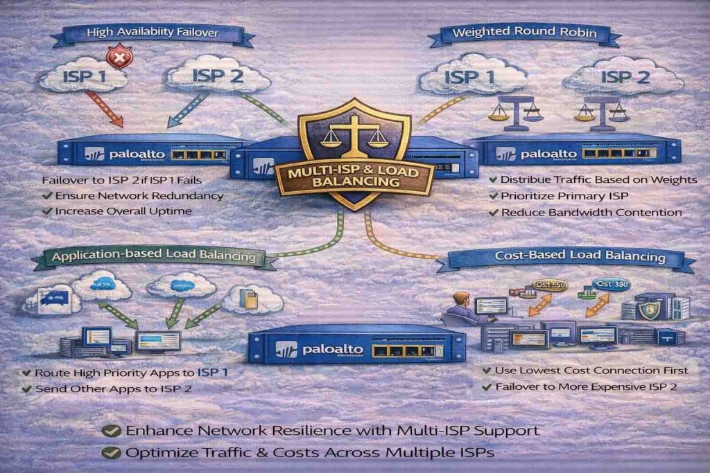 سناریوهای پیادهسازی چند ISP و Load Balancing در فایروال Palo Alto شامل Active/Passive، ECMP و PBF در محیطهای Enterprise