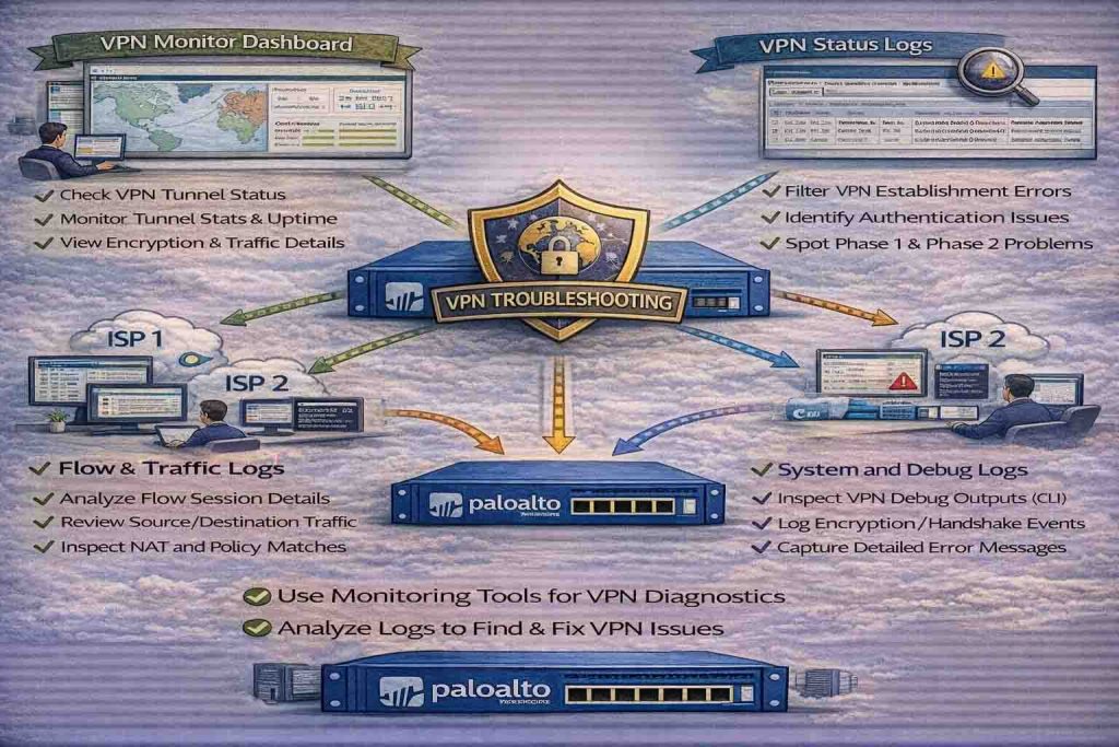 آموزش عیبیابی VPN در فایروال Palo Alto با استفاده از ابزارهای Monitoring و Log