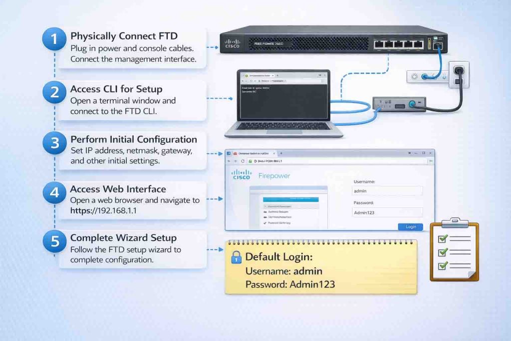 آموزش گامبهگام نصب و راهاندازی اولیه Cisco Firepower Threat Defense شامل ثبت در FMC، تنظیم اینترفیسها، NAT و ایجاد Access Control Policy