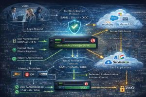 نمایش معماری F5 APM برای کنترل دسترسی امن، SSO و Federation به اپلیکیشنهای SaaS