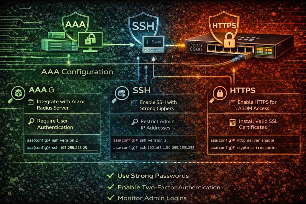 امنسازی دسترسی ادمین به فایروال سیسکو با تنظیمات AAA، سختسازی SSH و ایمنسازی HTTPS مدیریتی