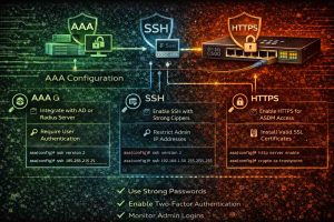 امنسازی دسترسی ادمین به فایروال سیسکو با تنظیمات AAA، سختسازی SSH و ایمنسازی HTTPS مدیریتی