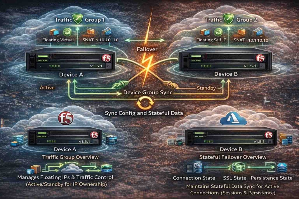معماری HA در F5 BIG-IP با استفاده از Device Group و Traffic Group برای توزیع ترافیک و Failover