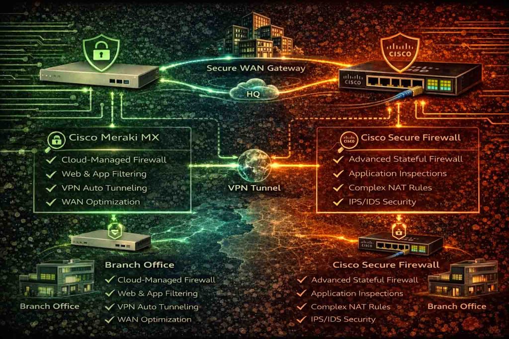 طراحی معماری امنیت شعب سازمان با Cisco Meraki MX در لبه و Cisco Secure Firewall در مرکز دیتاسنتر