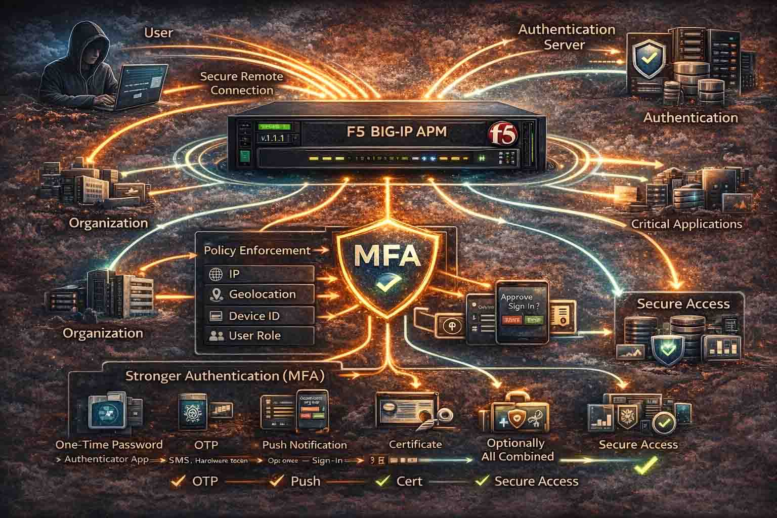 نمایش معماری F5 APM برای راه‌اندازی Multi-Factor Authentication و حفاظت از اپلیکیشن‌های حیاتی