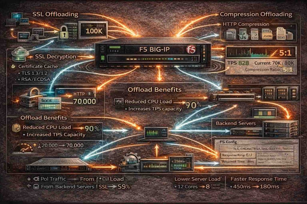 نمایش معماری Offload سرویسهای سنگین مانند SSL و Compression در F5 برای افزایش مقیاسپذیری و پایداری سرویس
