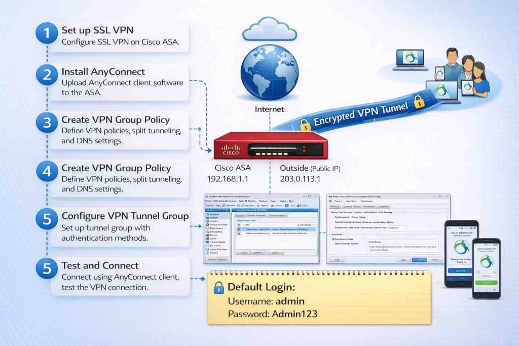آموزش گامبهگام راهاندازی Remote Access VPN با AnyConnect روی فایروال Cisco ASA شامل تنظیم IP Pool، Group Policy، NAT و تست اتصال کاربران