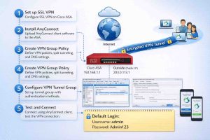 آموزش گامبهگام راهاندازی Remote Access VPN با AnyConnect روی فایروال Cisco ASA شامل تنظیم IP Pool، Group Policy، NAT و تست اتصال کاربران