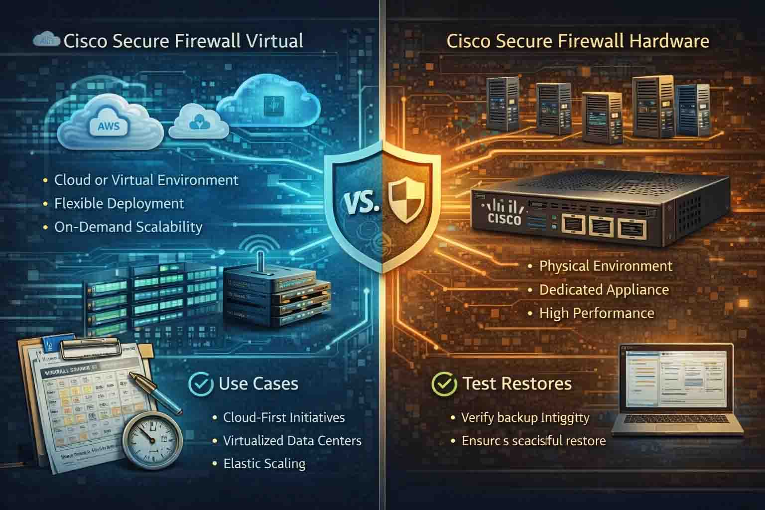 مقایسه Cisco Secure Firewall Virtual با نسخه سخت‌افزاری در محیط‌های Cloud و زیرساخت‌های مجازی از نظر معماری و کارایی