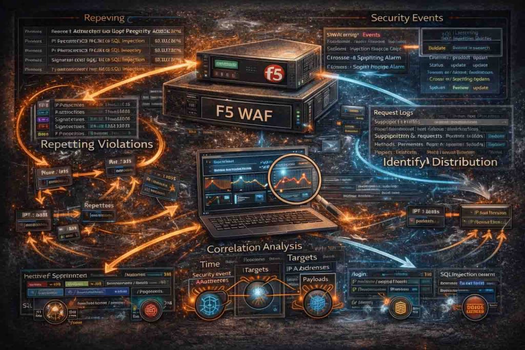 نمایش فرآیند تحلیل Log و Event در F5 WAF برای کشف الگوهای حمله و بهبود سیاستهای امنیتی