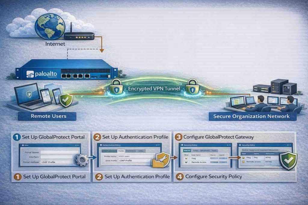 راهنمای راهاندازی Remote Access VPN بر اساس فایروال پالو آلتو با تمرکز بر GlobalProtect، معماری امن و دسترسی کنترلشده کاربران