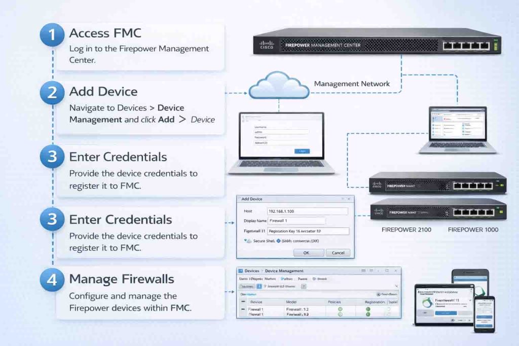 آموزش یکپارچهسازی FMC با فایروالهای Cisco Firepower شامل ثبت FTD، تنظیم ارتباط مدیریتی و Deploy سیاستهای امنیتی متمرکز