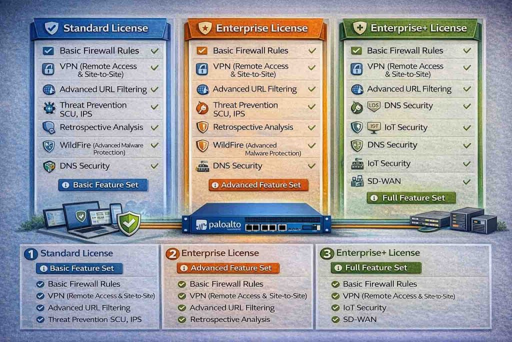 معرفی انواع لایسنس فایروال پالو آلتو و تفاوت هر کدام در فیچرهای امنیتی شامل Threat Prevention، WildFire، URL Filtering و GlobalProtect