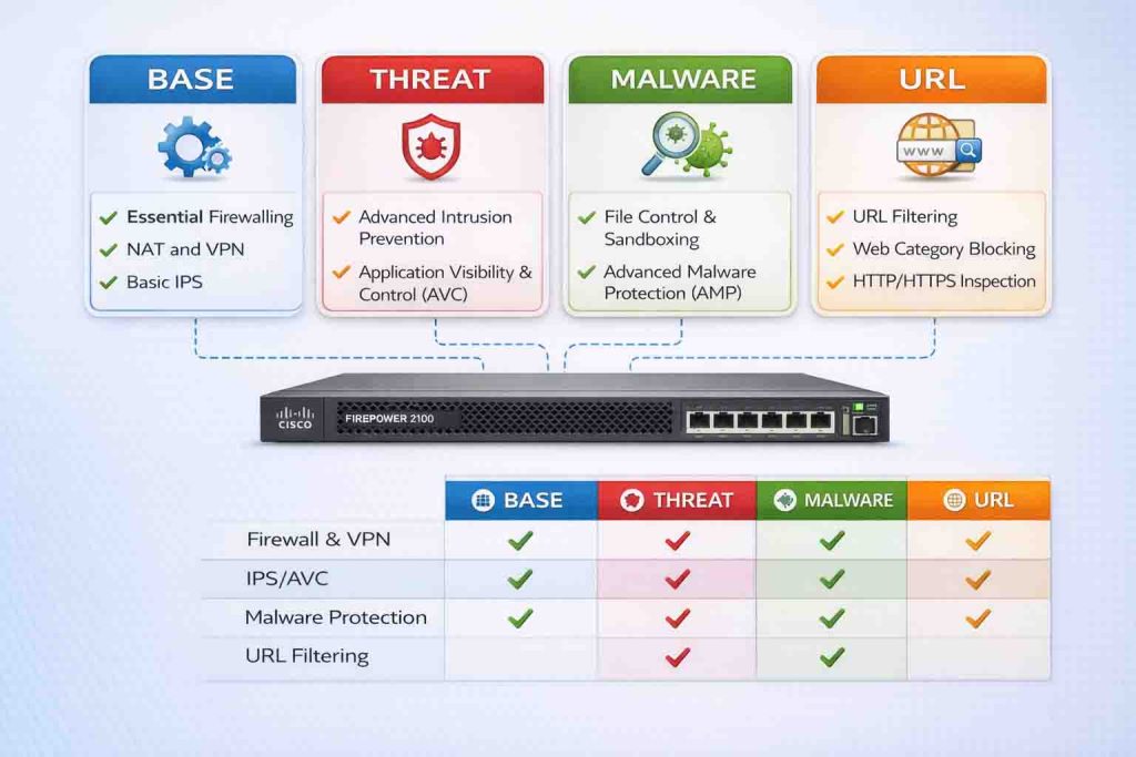 معرفی انواع لایسنسهای Cisco Firepower شامل Base، Threat، URL Filtering، Malware و AnyConnect و تأثیر هرکدام بر فعالسازی قابلیتهای امنیتی فایروال