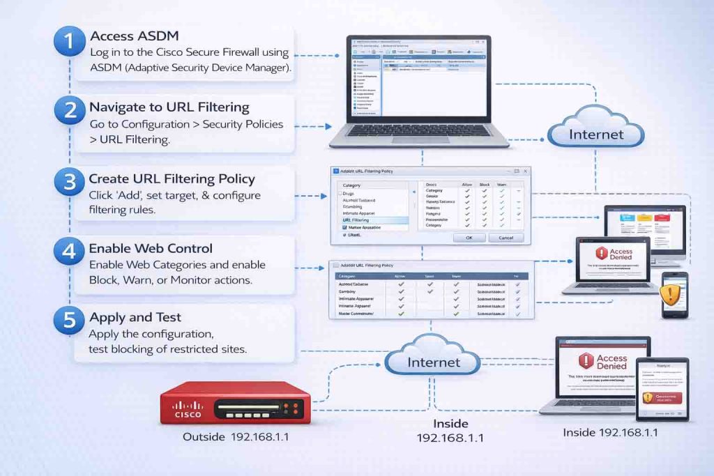 آموزش راهاندازی URL Filtering و Web Control در Cisco Secure Firewall شامل فعالسازی لایسنس، تنظیم Access Control Policy و مدیریت دسترسی کاربران به وبسایتها