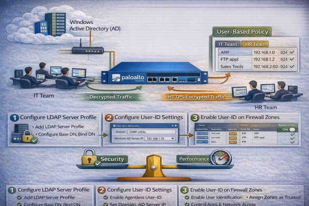 نحوه یکپارچهسازی فایروال پالو آلتو با Active Directory و پیادهسازی User-Based Policy مبتنی بر هویت کاربران و نقشهای سازمانی