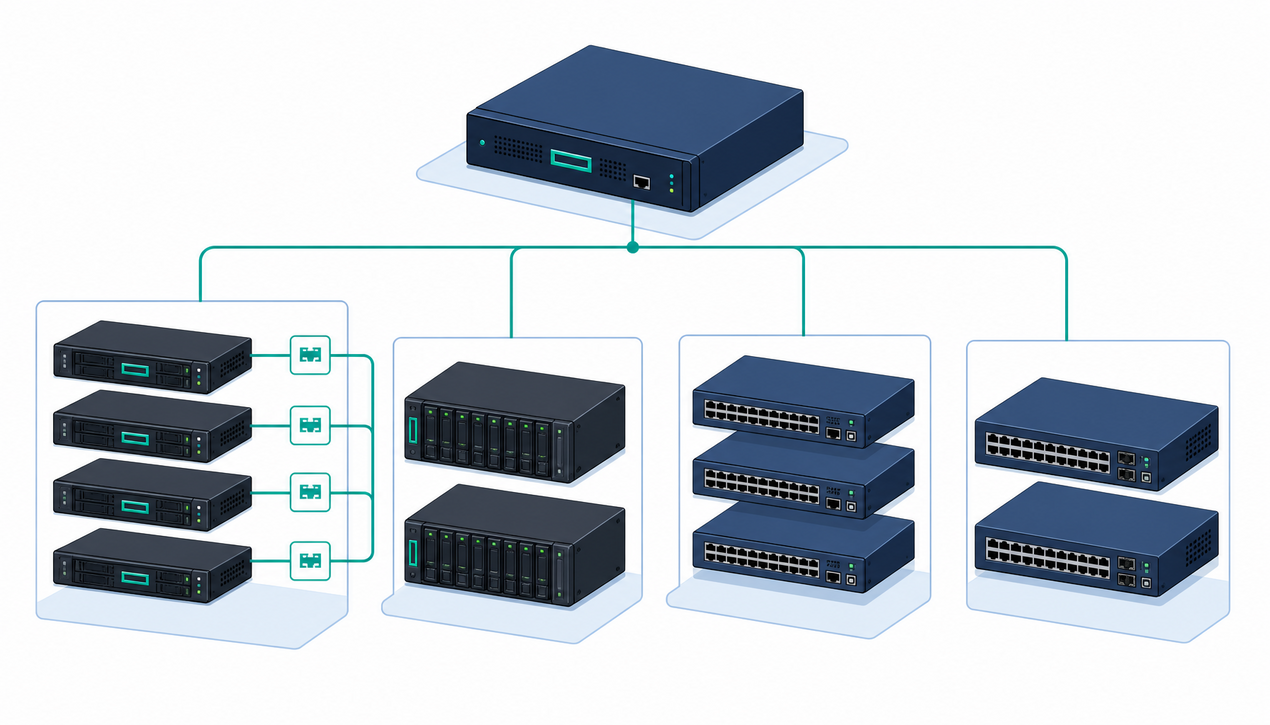 HPE OneView چیست ؟ مدیریت 50 سرور ProLiant در 8 گام 1 تصویر شماتیک معماری HPE OneView و اتصال آن به iLO، استوریج و شبکه
